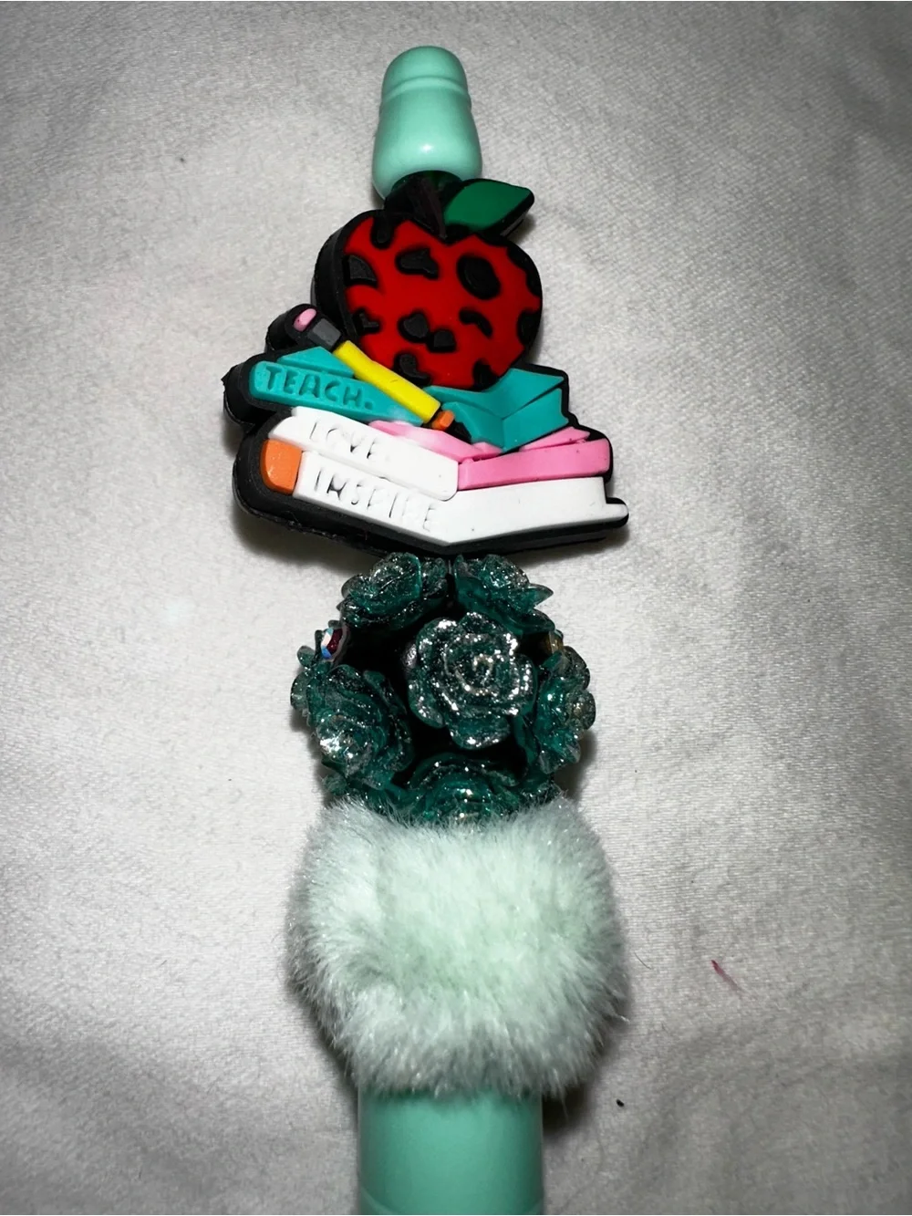 Mint Green Custom Pen with Book & Apple Charm BACK TO SCHOOL